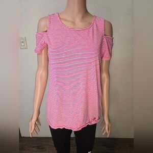 Michael Michael Kors Women's Md Top Striped Pink White Cold Shoulder Sleeve Logo